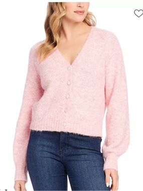 NWT, Karen Kane Heathered Pink V-Neck Cardigan with Decorative Pearl Buttons!